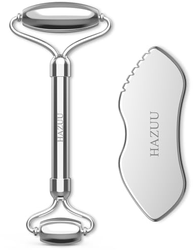 Rouleaux visage en acier inoxydable Gua Sha HAZUU et stylo d'acupuncture - rouleau métallique pour les yeux et le cou, outils de massage anti-âge pour le visage (JGS-1)