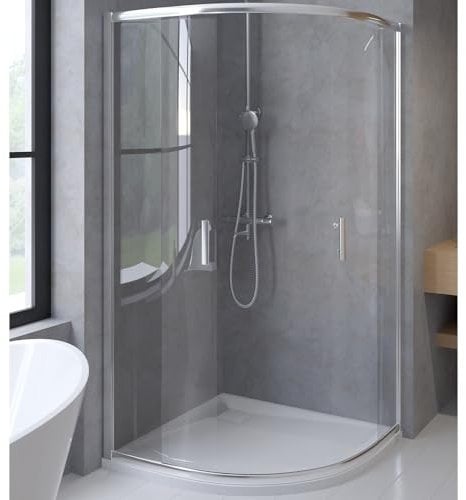 BADLAND Komplettes Set - Duschkabine HELA + Duschwanne VIDAR 80x80 193 cm - Viertelkreis Duschabtrennung Transparent Nano Glas 6 mm, Duschtasse Weiß Steinoptik SMC mit Ablaufgarnitur Ø 90 mm