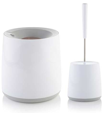 Minky Bathroom Bundle with Waste Bin and Toilet Brush & Holder, 8L Capacity Oval-Shaped Bin with Removable Lid, Toilet Brush Set with Silicon Brush Head & Stainless Steel Handle, Made in The UK