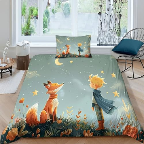HITBOD Set Di Biancheria Da Letto Il piccolo principe e la volpe Stampati in 3D 3 Pezzi Biancheria Da Letto in Microfibra Super Morbida,cerniera Nascosta, Per Tutte Le Stagioni Single(135x200cm)