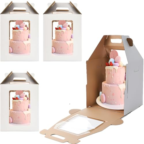 Tortenbox Karton,4 Stück Tortenschachtel mit Griff,Tortenkarton mit Sichtfenster,Kuchen Transportbox Pappe-Kuchen Transportboxen - Tortenboxen und Kuchenbehälter,12*12*14 Zoll(30,5 * 30,5 * 35,6cm)