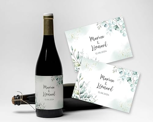 Étiquettes de Vin ou Champagne personnalisées - pour Mariage, Anniversaire, Baptême et autres événements - Personnalisation de texte - Étiquettes adhésives de qualité supérieure - Motif Eucalyptus