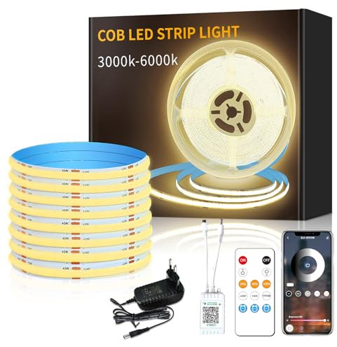 Yeewhale cob Led strip 5m,APP Steuerung,mit Fernbedienung,flexible Dimmbar COB LED Streifen, DC24V 3000k Warmweiß LED band, anwendbar auf Schlafzimmer, Raum,DIY Dekoration