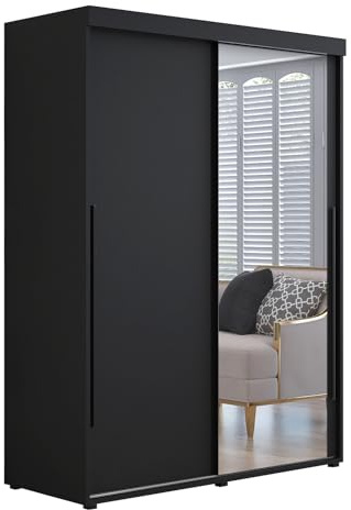 Meble Slupia - Garderobenschrank - Kleiderschrank mit Spiegel und Schiebetüren - 140x202x62cm - Kleider Schrank Schlafzimmer mit Kleiderstange - IGA 01 Schwarz, Griff Schwarz