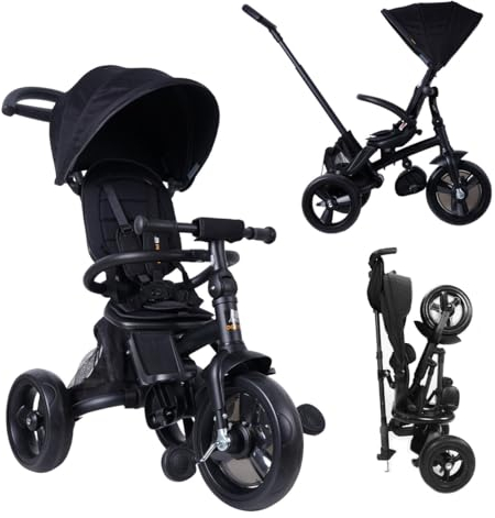 Deryan Explorer Dreirad ab 9 Monate bis 25 kg - Kinderdreirad mit schubstange - Kompakte zusammenklappen - drehbarer Sitz - ausklappbarem Verdeck mit Sonnenschutz - Schwarz