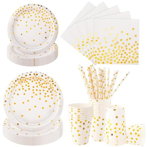Aitsite 100 Stück Pappteller Set, Weißgold Partyteller Einweggeschirr Besteck Wiederverwendbar Papier Geschirr Set mit Teller Servietten Strohhalmen und Bechern für Geburtstag Hochzeiten Jubiläums