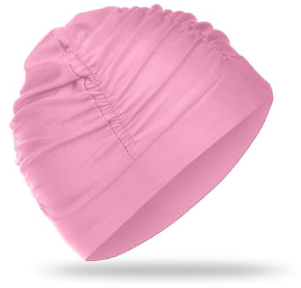 COMNICO Bonnet de Bain pour Femme, Bonnet de Bain Extra Large Bonnet Piscine Bonnet de Natation en Tissu Nylon Elastique Confortable Confort Résistance Glissement Garde la Coiffure (Rose)