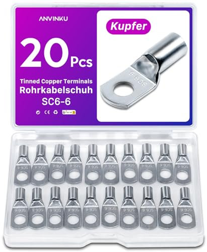 20 Stück Rohrkabelschuh 6mm2 M6 Kabelschuhe Set, ANVINKU Rohrkabelschuhe Set für Kfz Batteriekabel Set, Kabelschuh Sortiment, SC Rohrkabelschuh Set, 6mm² Kabelschuhe für Auto Motorräder Boote