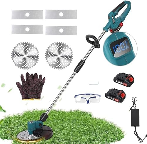 Calager Akku-Rasentrimmer,21V Gartentrimmer mit 2 Batterien,längenverstellbarer Teleskopstangen-Akku-Trimmer,handgeführter Grasschneider,elektrischer Rasentrimmer,Kantenschneider für Garten (Blau)
