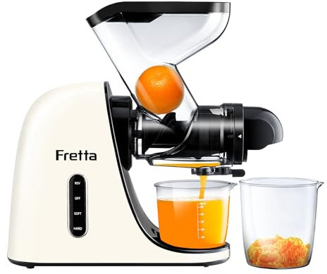 Fretta Extracteur de Jus à Pression à Froid, Goulotte d'alimentation Large de 76 MM, Presse-agrumes à Froid sans BPA, Extracteur de Jus de Fruits et Légumes, Recettes de Jus Incluses (Blanc)