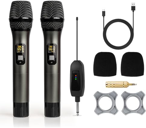 Soundgeek Wireless Microphone UHF Metal Dual Handheld Mic with Rechargeable Receiver 200ft Range, Microphone for Singing, Karaoke, Church, Speech, Wedding, Party Singing(2 Mics, Gray & Gray)