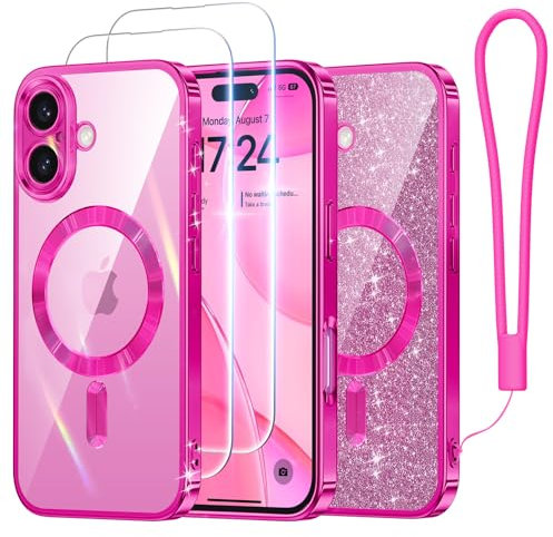 Meifigno Candy Series Case Designed for iPhone 16 Plus, [Compatible with MagSafe] [2X Screen Protectors] [Glitter Card & Wrist Strap] Full Camera Protection Designed for iPhone 16 Plus Case, Hot Pink