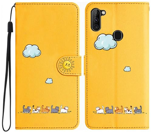 Niedlich und Schöne Geldbörse Handyhülle für Samsung Galaxy A11, Nette Katzen Muster Haltbares PU+TPU Leder mit Prämie Magnetisch Schließung Flip Telefon Hülle für Samsung A11 (Gelb)