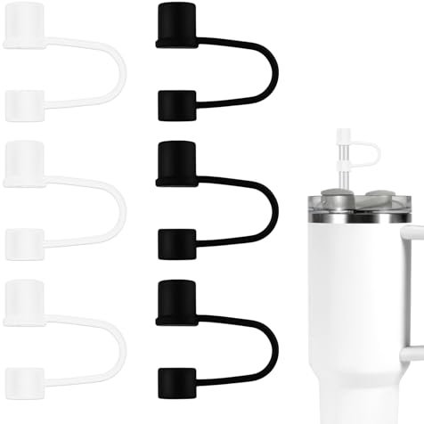 6pcs Silicone Straw Cap Covers for Stanley Cup 30&40oz, 10mm Toppers Leak Proof Tips Reusable Tumbler Lid Accessories (Black, White)