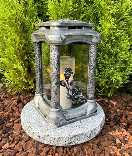 Lampe funéraire avec socle en granit - Fabriquée à la main - Avec rose - Bougie funéraire - Décoration funéraire - Lampe de jardin avec bougie funéraire et socle
