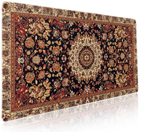 Vintage Rug Gaming Mouse Pad XXL Dark Brown Retro Carpet Aesthetic Extended Large Mat Mousepad Desk Pad Non-Slip Rubber Base Stitched Edge Flower Keyboard Pad Playmat for Computer,35.4×15.7 Inch