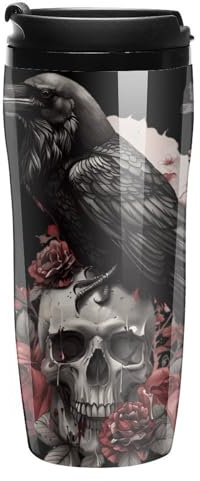 Generic Black Raven Goth Skull Roses Insulated Travel Tumbler with Lid, 12 Oz, Double Wall, Plastic, Cylindrical, 12 cm Width x 12 cm Height, Reusable, Home, Travel