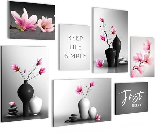 Novart Wandbilder Set Blumen Magnolien Grau Rosa - KEIN EXTRA RAHMEN BENÖTIGT - Modern Deko - Wohnzimmer Schlafzimmer Flur N029172a
