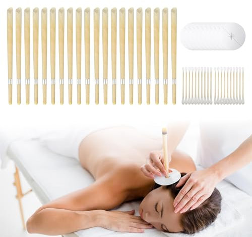 Candele per Orecchie in Cera d'Api Naturale - 50 Pezzi Kit Pulizia Cerume con 20 Candele 10 Dischi Protettivi e 20 Cotton Fioc - Per Adulti