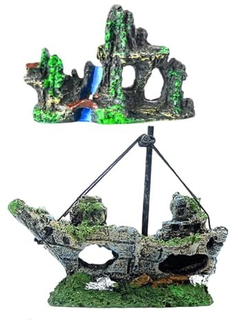 YSJCHEBS 1 Schiffswrack-Ornament Und 1 Steingarten, Aquarium-Dekorationen, Aquarium-Landschaftsbau-Zubehör, Kreative Aquarium-Ornamente