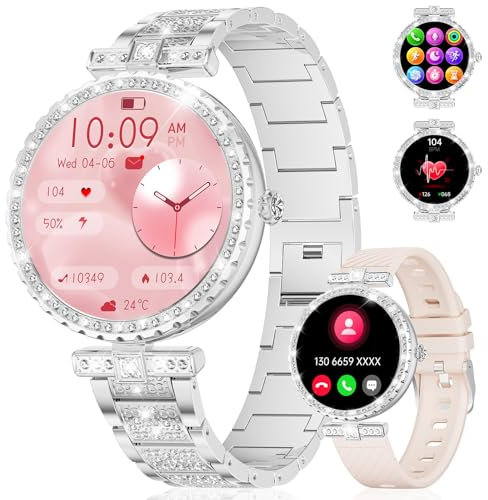Damen Smartwatch 1.19 AMOLED Always-on Display Bluetooth Anrufe Smart Watch Damen für Android iOS 100+Sport Rund Damen Smartwatch Silber Edelstahl Diamant Smart Watch Herzfrequenz Schlaf Monitor