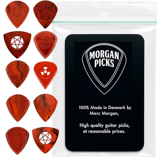 Morgan Picks Variety Pack – 10 Gitarren Plektren im Set – Signature & Standard Guitar Picks – Plektren Gitarre in Jazz-, Standard- & Triangel-Form – Rot/Schwarz – Handmade in Denmark