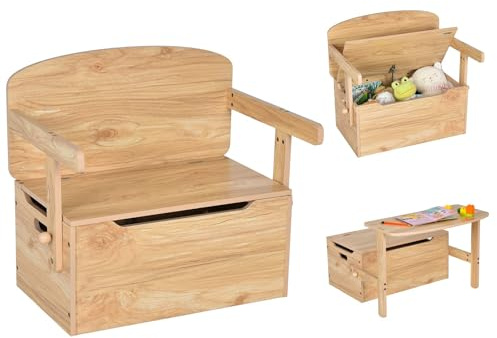 FANTASK 3 in 1 Spielzeugkiste Aktivitätstisch für Kinder, Kindertisch aus Holz mit Decke & Stauraum, Kindersitzgruppe mit Sitzbank von 3 bis 7 Jahren, 60 x 34 x 57cm (Natur)