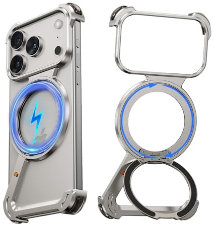 NIFBANG Z Shape for iPhone 17 Pro Max Rahmenlose Hülle,mit 360°Drehbar Magnetische Ständer Handyhülle,Dünn Aluminium Militär Stoßfest Schutzhülle für iPhone 17 Pro Max Bumper Case,Silber