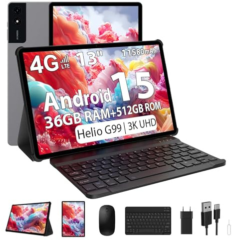 PIXGOOD 3K 13 Zoll Android 15 Tablet, 36GB RAM, 512GB ROM (erweiterbar auf 2TB), 4G LTE丨5G WLAN, 2940 x 1840, 11580mAh, Octa-Core, 13MP+8MP, Tablet mit Tastatur丨GPS丨Bluetooth丨4 Lautsprechern(Grau)