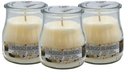 Home Universal® Pack de 3/6/12 Velas Aromáticas en Vaso de Cristal Reciclable LUMAR AROMATIC – 24h de Duración por Vela – Cera Vegetal Perfumada – Fabricadas en España (Musco Blanco, 3 Unidades)