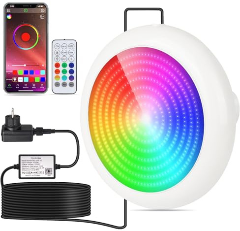 COOLWEST Projecteur Piscine LED pour Piscine hors sol, 24W RGB Smart LED Lampe Couleur Contrôlé par APP pour Piscines Acier, Éclairage Piscine Magnétique, Étanchéité IP68, Minuterie, 12V, 7m Câble