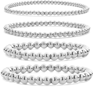Wassazi Gold Armband Set Damen,Gold & Silber Edelstahl Perlen Armbänder mit 3/4/5/6mm Perlen, 3-teilig oder 4-teilig Stück Armband, Elastische Armbänder, Schmuck für Damen