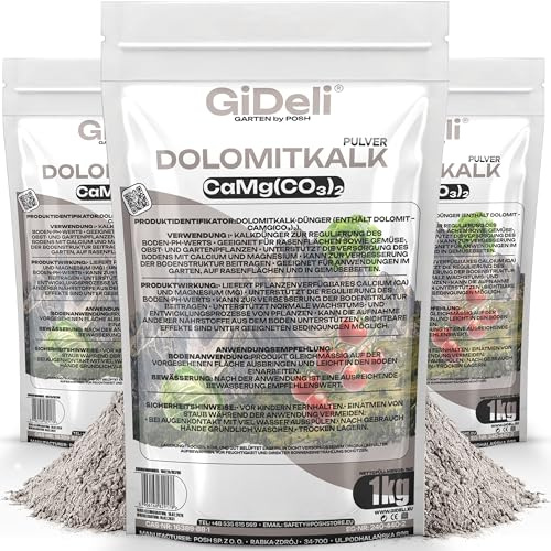 GiDeli Dolomitkalk 3 x 1 kg - Rasenkalk & Gartenkalk - Calcium Magnesium | Handliche Menge für Beete und Kübel, hebt den pH-Wert, feines trockenes Pulver, für Rasen und Gemüse