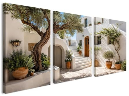 Framed Prints for Walls Set of 3 30x40 cm, Mediterranean Courtyard Olive Tree Canvas Wall Art, White Villa Canvas Pictures for Bedroom Living Room Home Office, with Hook-and-Loop Pads and Hooks