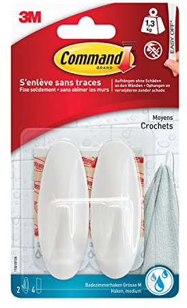 Command W17082 Plastic Hooks, Waterproof S (Oval, 500 g) 2 Hooks and 4 Strips – White Oval Medium White