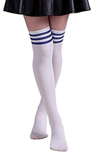 Butterme Frau Mädchen Über den Knie Extra Lang Fußball Rugby Socks Strümpfe Sport Tights mit Klassik Dreibettzimmer Stripes Cosplay Socken (Weiß+Blau)