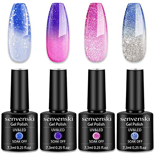 Senvenski Colour Changing Gel Nail Polish Kit, UV/LED Thermal Temperature Nail Art Set with Blue Pink Purple Glitter Colours | Manicure Gift Kit for Women, Professional Salon Home Use (WB001)