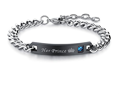 JewelryWe Schmuck Herren Partner Armband, Lieben Freundschaftsarmband Valentinstag Paar Geschenke, Her Prince Schrift Krone, Edelstahl Zirkonia, Schwarz Silber, kostenlos Gravur