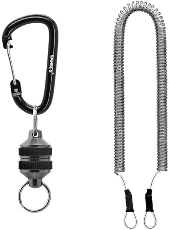 SAMSFX Fly Fishing Magnetic Net Release Holder Keeper Magnet Clip Landing Net Connector with Coiled Lanyard for Cord Free Heavy Gear (Black Grips)