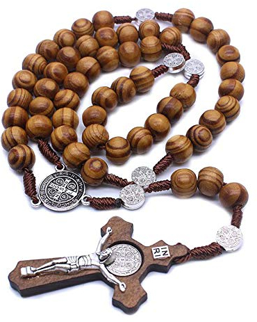 BlackAmazement Holz Halskette Kette Rosenkranz Paternosterschnur Holzperlen Kruzifix Kreuz braun schwarz Damen Herren (Braun)