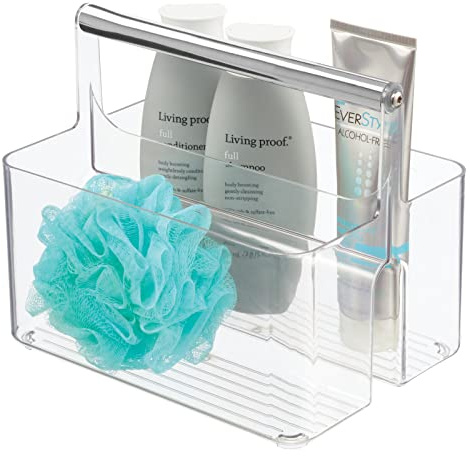 mDesign Almacenamiento debajo del fregadero, organizador de baño de plástico y metal para champú y jabones, organizador portátil de almacenamiento de cosméticos, transparente/plateado