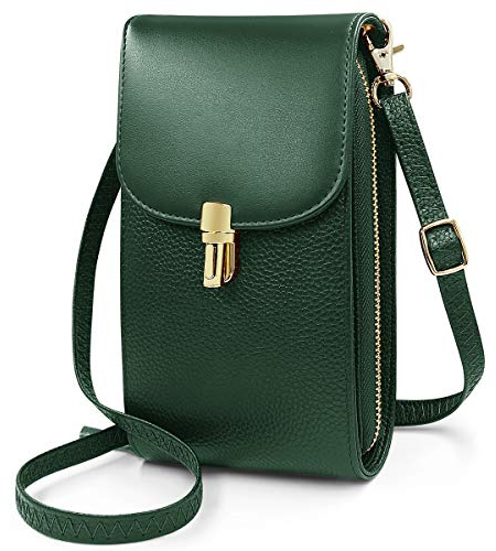 REETEE Damen Kleines Handy Schultergurt aus Echtem Leder Mini Handtasche Frauen Geldbörse mit Verstellbarem Schultergurt, Grün, L