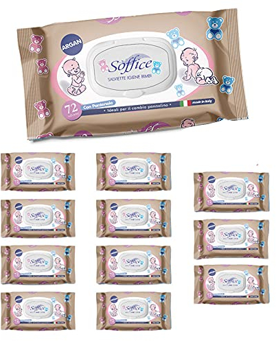 Soffice Baby Argan Lot de 12 paquets contenant chacun 72 lingettes pour bébé, avec couvercle, 370 g