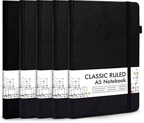 feela Notizbuch A5 liniert Hardcover, 5 Notizbücher Set, Journal Buch mit 3 Gelstifte schwarz, 120 GSM, 13x21cm, Notizblock Set geeignet für Büro, Schule, für Kinder und Erwachsene, Din A5, Schwarz