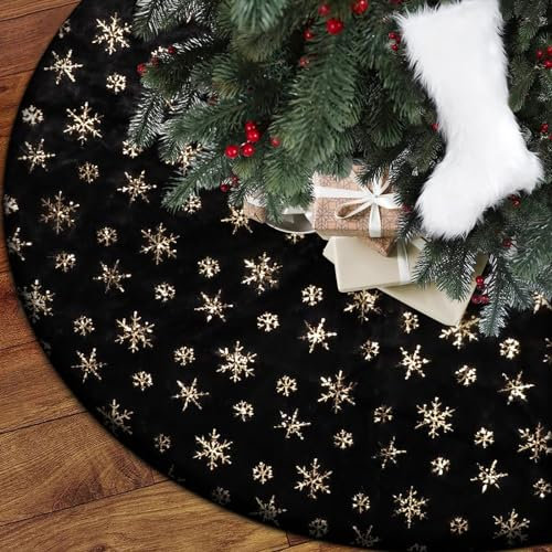 Weihnachtsbaumdecke Schwarz, 120 cm Großer Weihnachtsbaum Rock Schwarz Kunstpelz mit Silbernen Goldene Schneeflocken, Weihnachtsbaum Decke für Weihnachtsdeko für Winter,Holiday,Neujahr,Thanksgiving