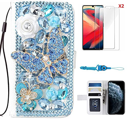 HFICY Schutzhülle für iPhone 12 Pro Max mit 2 Displayschutzfolien aus Glas für Damen, glitzernde Diamanten, Leder, Filo-Schutzhülle und Umhängeband (blaue Schmetterlings-Blumen)