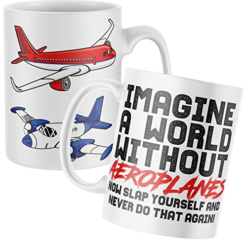 Purple Print House Imagine A World Without Aeroplanes Mug, Funny Coffee Cup, Airport Gifts for Him, Airplane Birthday Present Ideas For Dad or Son, One Size, White