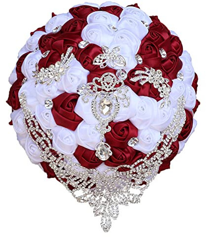 Sharebeauty 18 cm handgefertigter Satin-Rosenstrauß für Brautstrauß, rund, Hochzeitsstrauß, Überwurf, künstlicher Blumenstrauß, dunkelrot + weiß