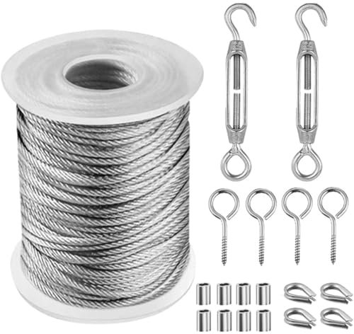 HZSOOCH 15 m Φ2 mm Drahtseil-Set, Garten-Draht-Pergola-Kits, Catenary Draht-Set, Spannschloss-Drahtspanner-Set – robustes Edelstahl-Kabelseil, Lag-Schraube, Spannschloss-Drahtspanner