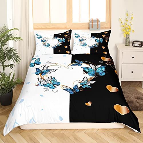 Schmetterlings Bettwäsche Set für Mädchen Paar Frauen Romantisches Thema Bettbezug 155 x 220 für Valentinstagsgeschenke Liebesdruck Bettbezug Kawaii Schmetterling Dekor Bettwäsche Weiß und Schwarz